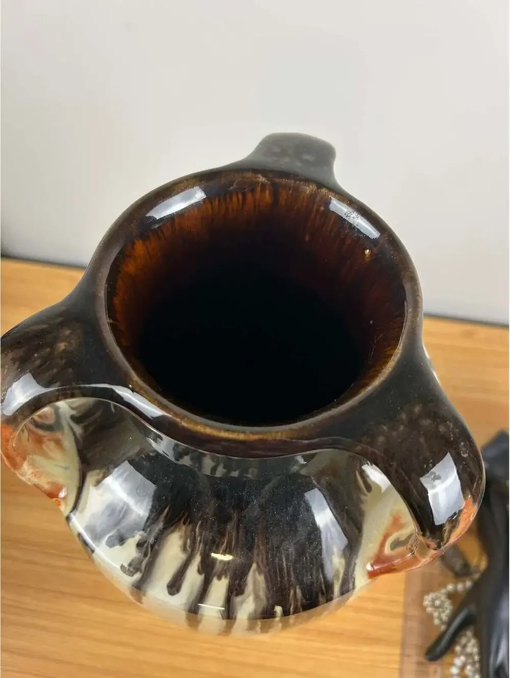 American Art Pottery Orange Black Peachskin Triple Handled Large 18